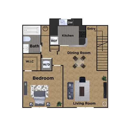 Floor plan for 1 bed, 1 bath, 720 sqft